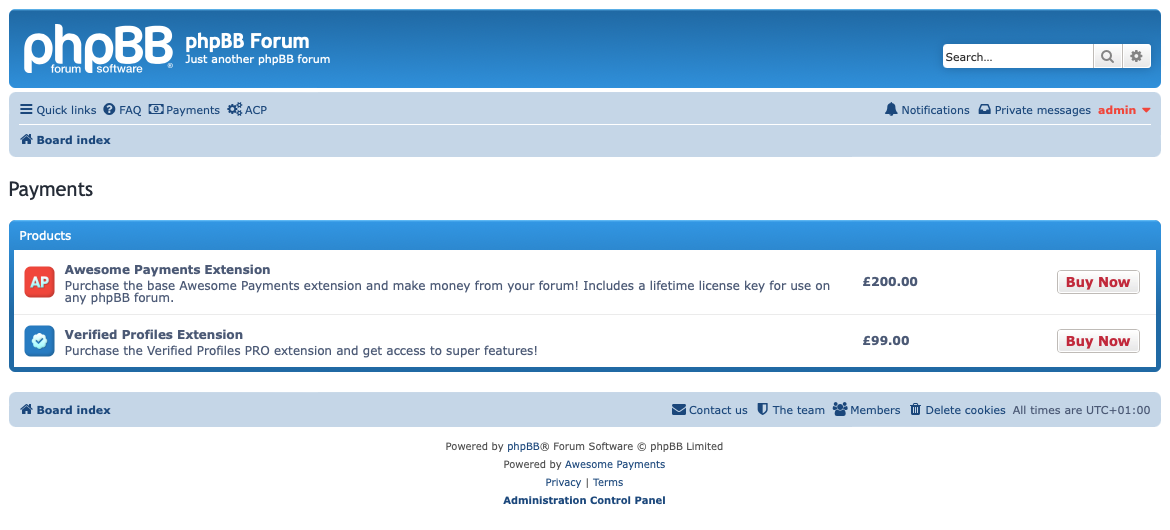 The payments page where users can purchase a product.