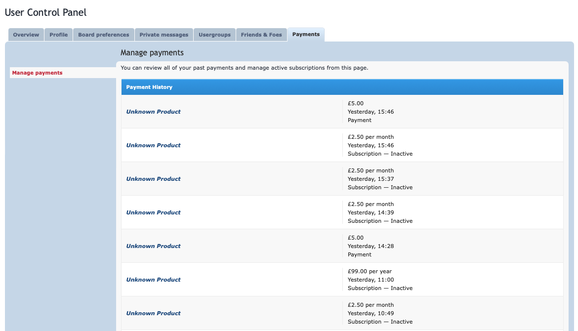 The UCP section where users can review past payments.